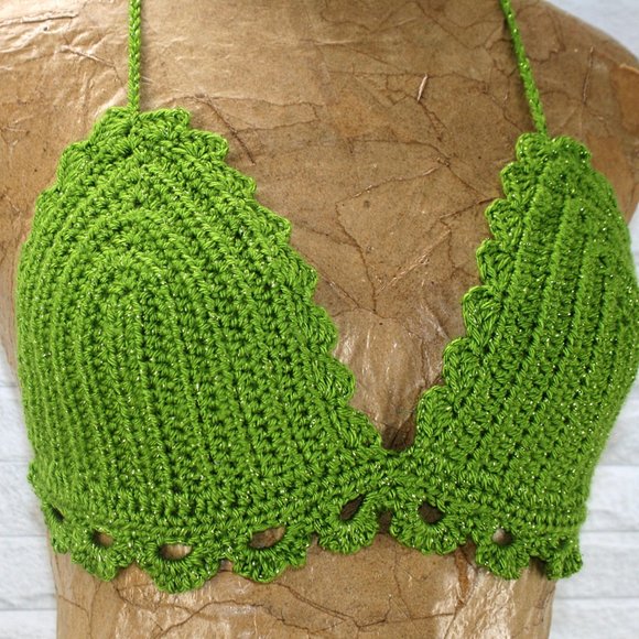 HAND CRAFTED Cropped Top Crochet Bikini Green Metallic Festival Fashion Various - Picture 2 of 9